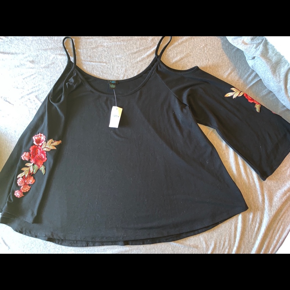 Black open shoulder embroidered sleeves top